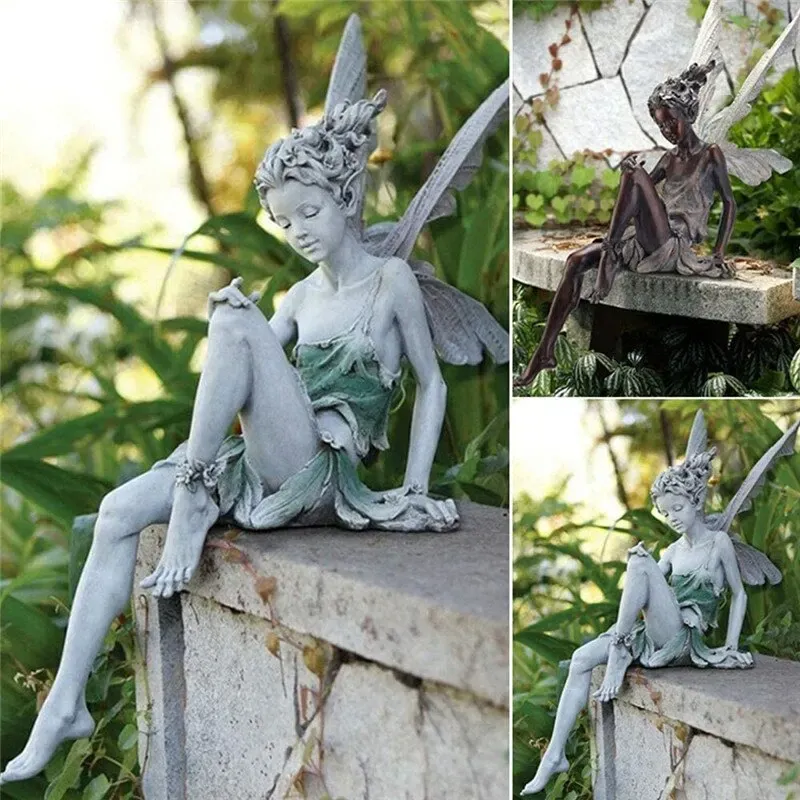 Skulpturer Flower Fairy Sculpture Garden Landscaping Yard Art Ornament Harts Turek Sitt Staty Outdoor Angel Girl Figurer Hantverk