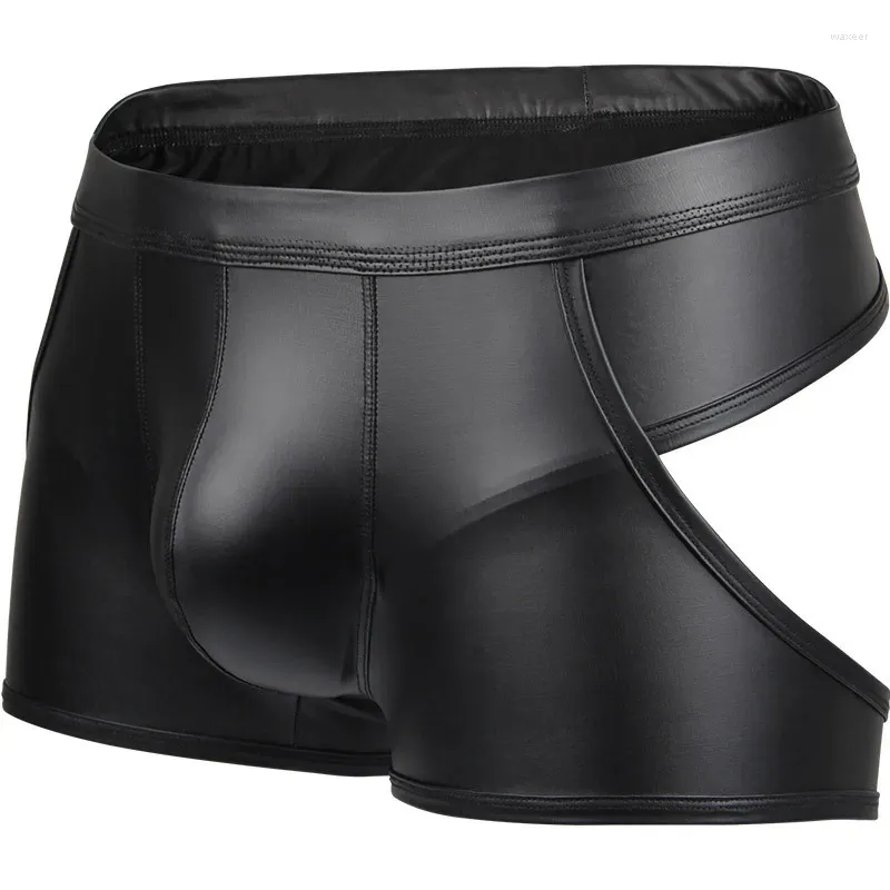 Unterhosen Plus Größe Sexy Männer Boxer Aushöhlen Kunstleder Dessous Bühne U Konvexen Beutel Schwarz Patent Shorts Unterwäsche