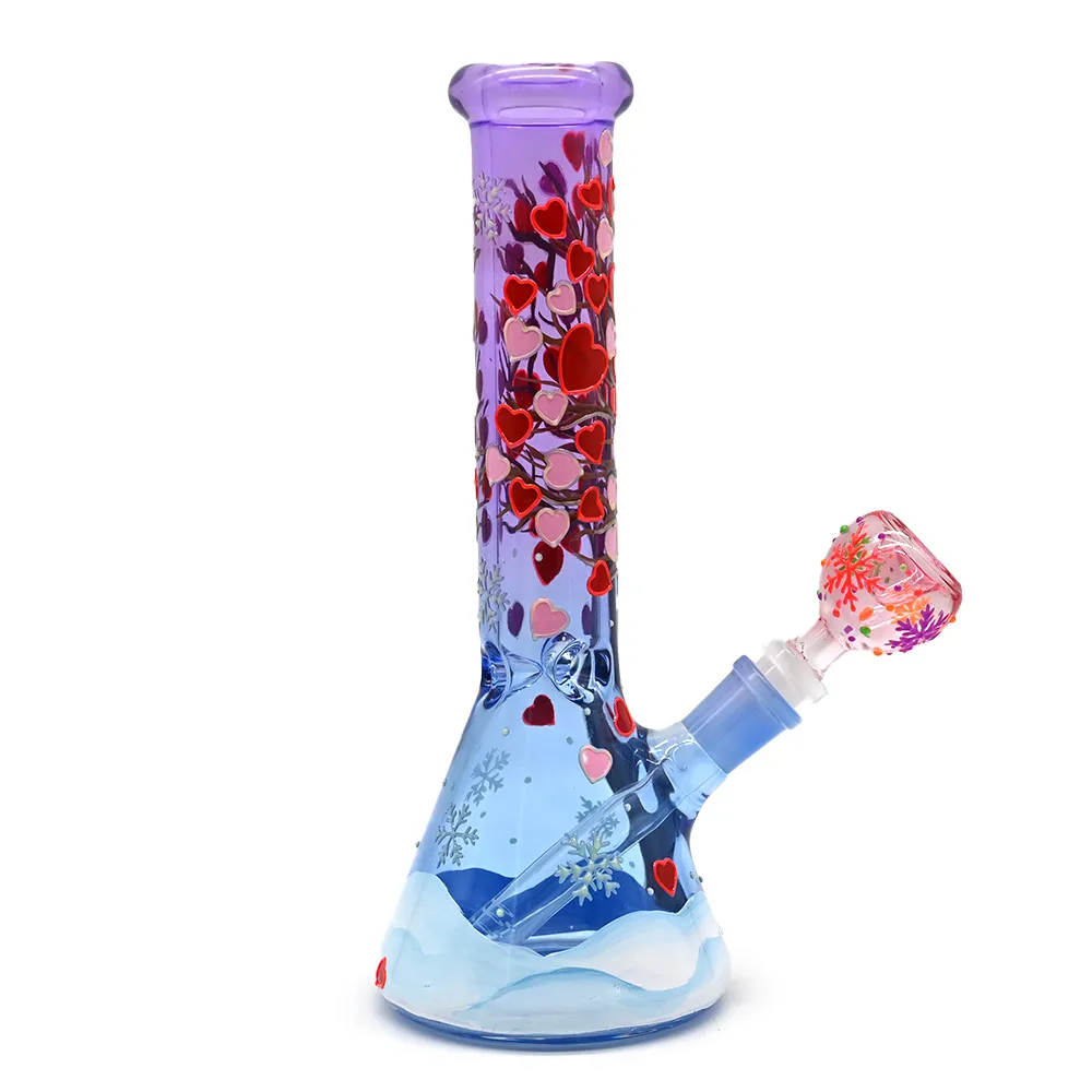 10in,Handdrawn Cartoon Love & Tree Pattern Cigarette Set, Borosilicate Pink Glass Water Pipe,Glass Bongs,Glow In Dark,Glass Hookah,Smoking Accessaries