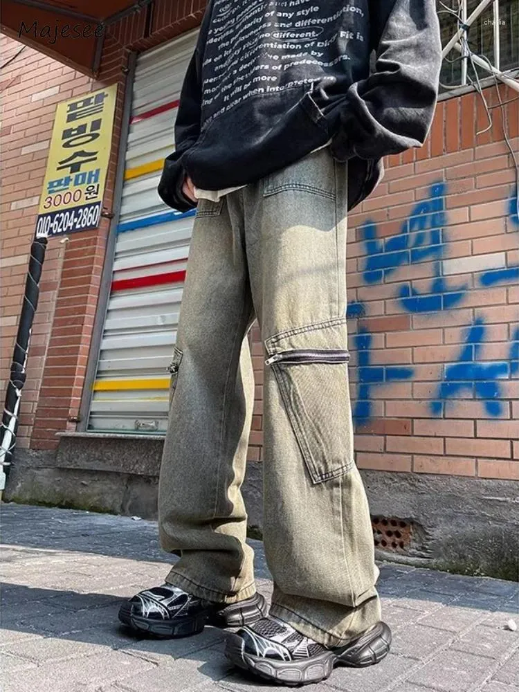 Jeans da uomo Cerniere da uomo Multi tasche High Street American Retro Harajuku Pantaloni in denim effetto lavato effetto hip-hop sciolto primavera autunno