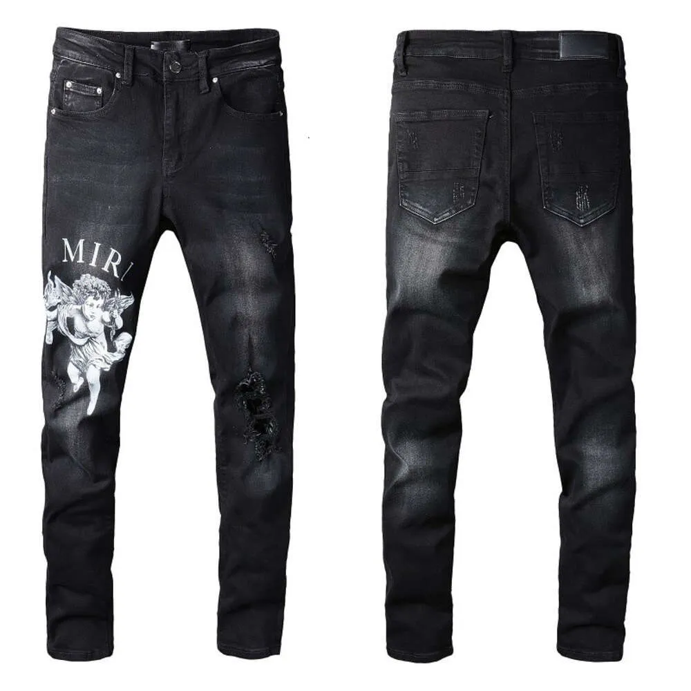 817amiri Street lettre motif ange Denim pantalons décontractés Micro élastique coton jeunesse noir jean serré