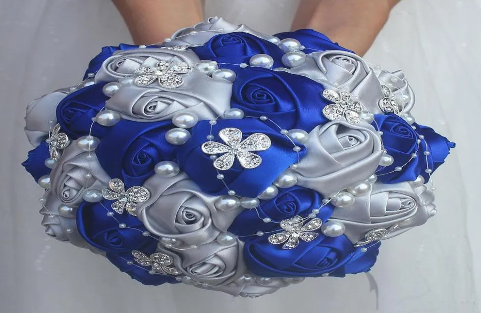 Cheap Blue Silver bouquet Rose Bridesmaid Wedding Foam flowers Rose Bridal bouquet Ribbon Fake Wedding bouquet9875794