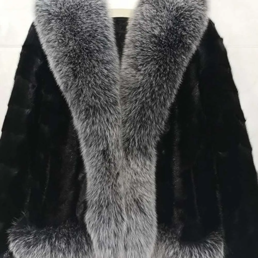 New Fur Haining's stora krage mink hudrock kvinnor v-ringade integrerade räv för 1477