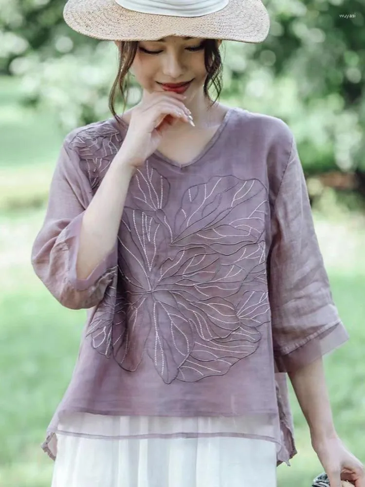 Женские блузки, лето 2024, двухслойная хлопково-льняная рубашка с v-образным вырезом и тяжелой вышивкой, топ из органзы, свободный крой