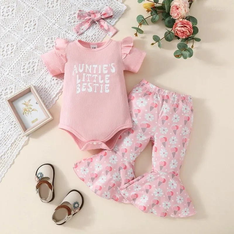 Set di abbigliamento Born Baby Girl Abiti estivi Zie Little Ie Pagliaccetto a maniche corte Pantaloni svasati floreali Set di fasce