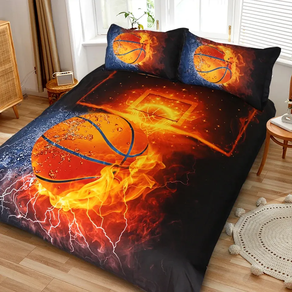 Ställ in basket- och brandbäddsuppsättningar för pojkar Dekorativa 3 -delade täcken med 2 kudde skamar ren gardiner