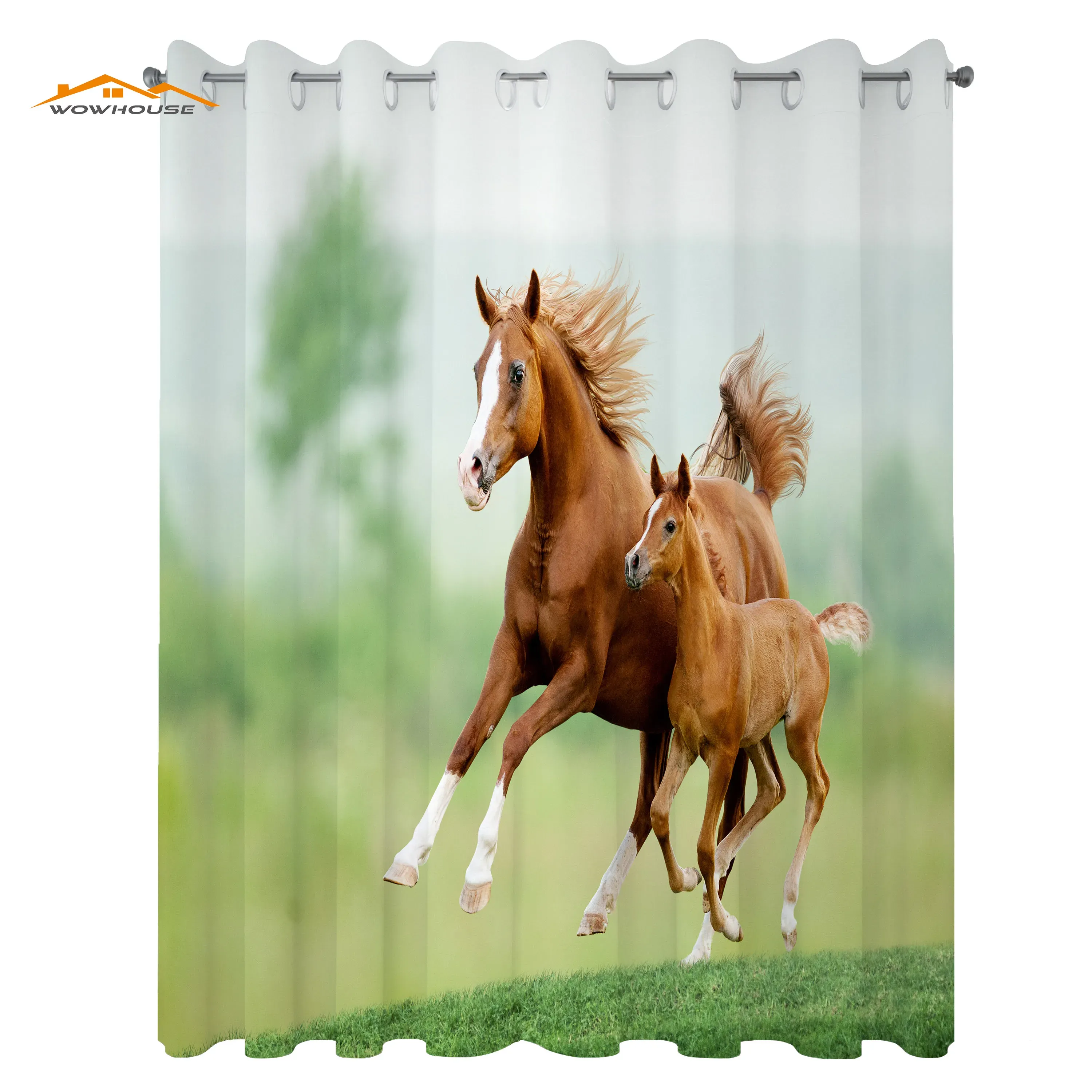 栗の馬を走るカーテン馬のカーテン雌馬と子馬牧草地風光