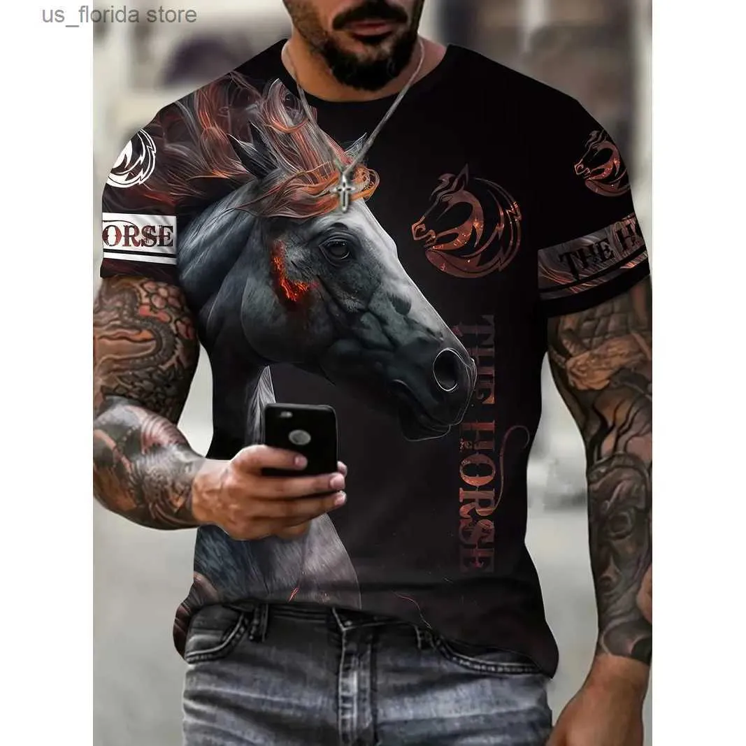 Мужские футболки Повседневная мужская футболка Horse Design 3d Print Summer Outdoor Short Slve Fashion Strt Pullover Негабаритная мужская одежда Футболка Y240314