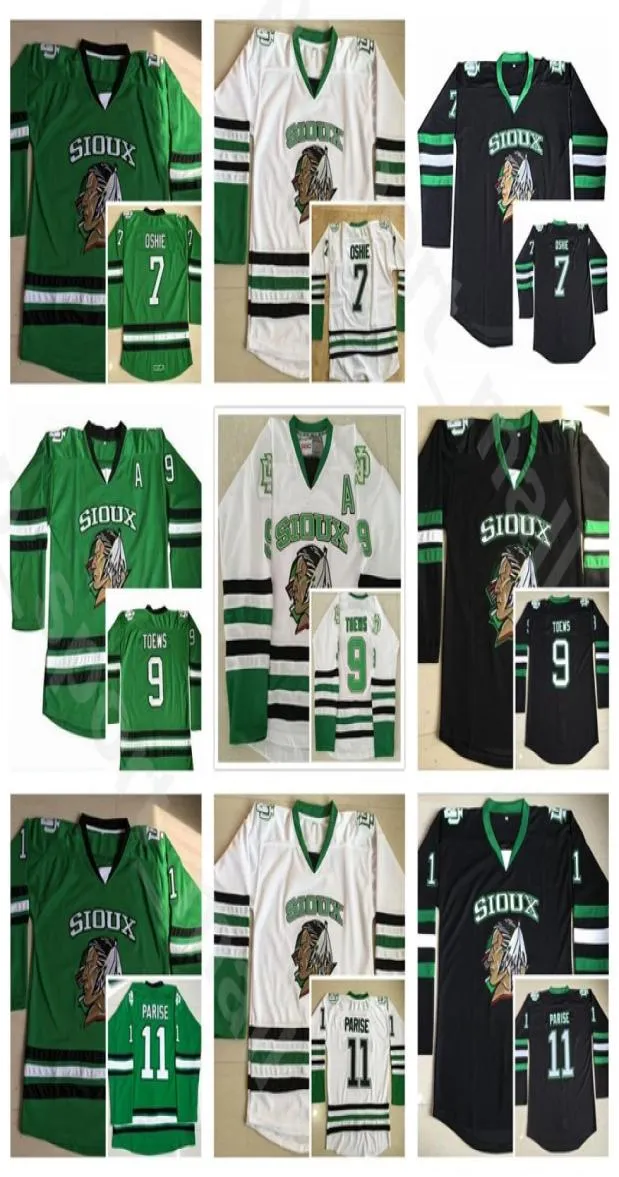 Трикотажные изделия North Dakota Fighting Sioux Vintage College 9 Джонатан Тэйвз 11 Зак Париз 7 TJ Oshie Hockey Home Черный Зеленый Белый A1687750