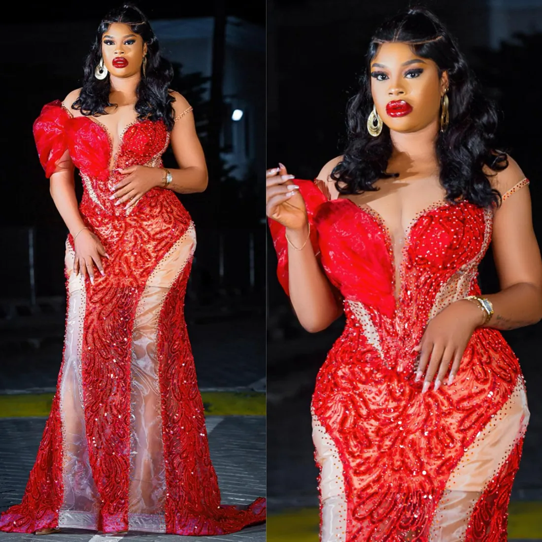 2024 African Plus Size Promdress Czerwone sukienki balowe dla czarnych kobiet eleganckie sukienki wieczorowe na specjalne okazje Sheer szyi koronkowe suknie urodzinowe suknie zaręczynowe AM519