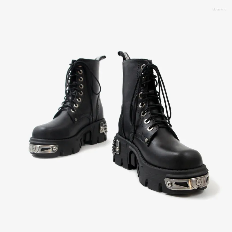 Bottes Style Punk plateforme femmes cheville femmes moto botte mode dames grosses chaussures métal décor noir grande taille 41 43 44