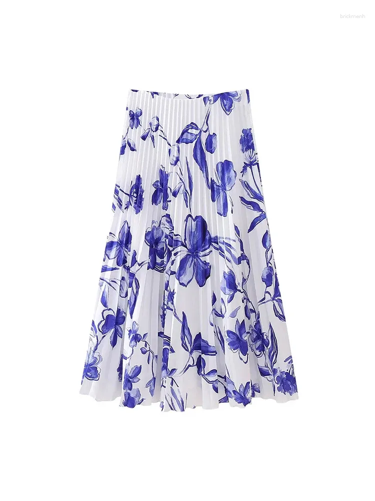 Röcke Mädchen Elegante Blaue Blume Pring Strand Stil Gefaltete Lange Rock 2024 Frühling Sommer Damenmode Hohe Taille Urlaub