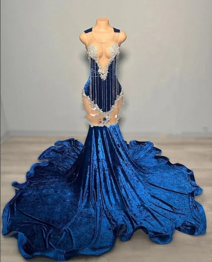 Elegant Navy Blue Velvet Long Gown Sparkly Diamond Tassel Sheer