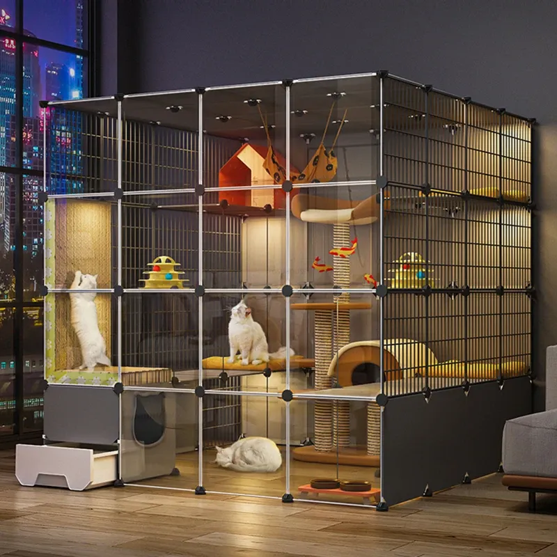 Cages Cages pour Chats Super Grand Espace Libre Cage pour Chat Maison Maison intérieure Villa pour Chat Bac à litière pour Chat Armoire pour Chat intégrée Cage pour Chat Multicouche