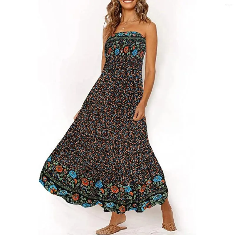 Casual Dresses Boho Floral Printing Dress Strapless Sleeveless Ruffle Hem Sundress Beach Style Maxi Tiered Vestidos