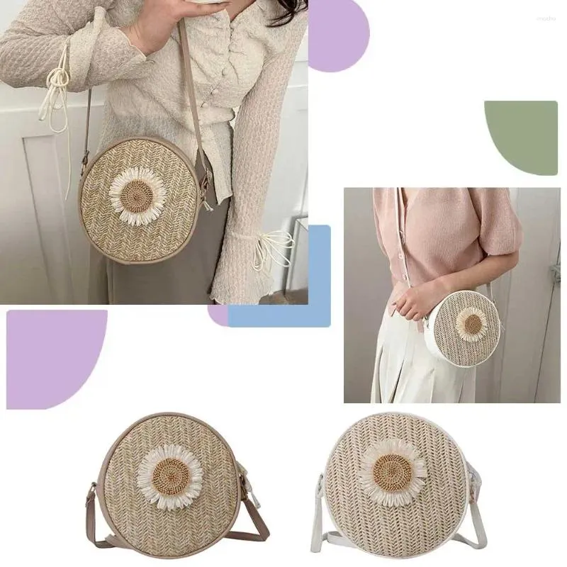 Sac Patchwork sacs décontractés femmes épaule été vacances paille ronde plage fleur tissé messager PU bandoulière