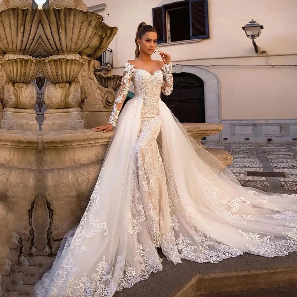 Abiti da sposa da giardino arabi taglie forti Treno staccabile Applique di pizzo di lusso Plus Size Spiaggia Sirena reale musulmana Abiti da sposa nuovo Sweep Train Abiti da sposa