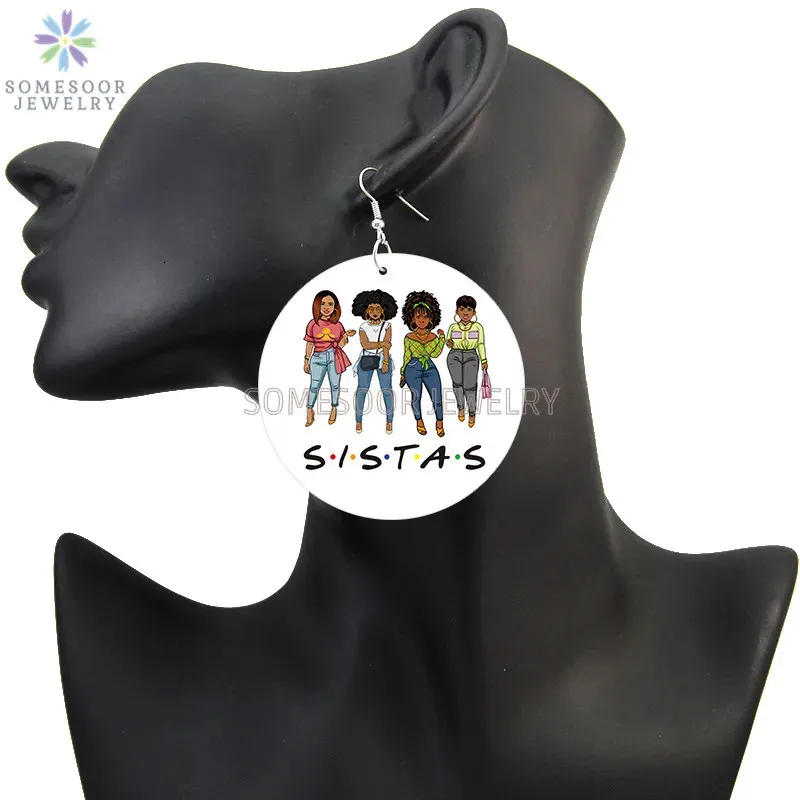 SOMESOOR paix amour mélanine soeur africaine en bois boucles d'oreilles Afro bouclés reine cheveux naturels imprimé balancent bijoux pour les femmes 240311