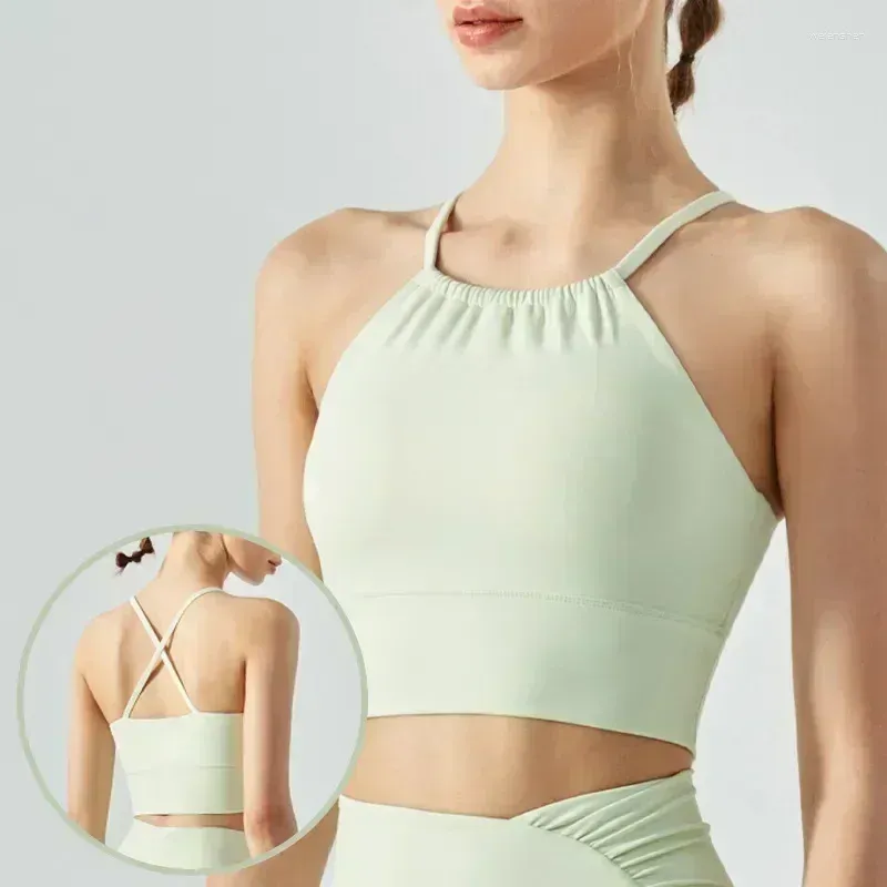 Yoga outfit Luulogo 2024 Sexig sportbh kvinnors buckleless korta underkläder med bröstkuddar halter hals sling fitness topp