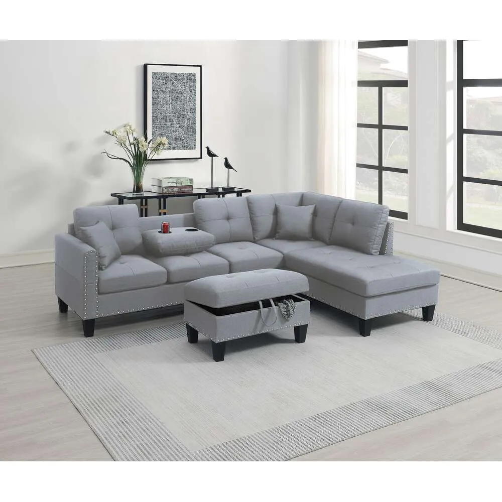 Vardagsrumsmöbler 3-PCS Sectional Set Laf Sofa Raf Chaise and Storage Ottoman Cup Holder Taupe Grey Color Linen-liknande tyg soffa