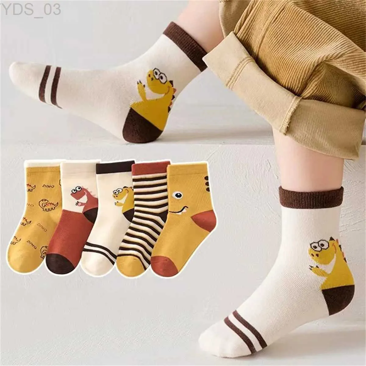 Chaussettes pour enfants hibobi 5 pièces ensemble d'automne et d'hiver dessin animé enfant en bas âge imprimé dinosaure bas confortables chaussettes quotidiennes décontractées pour toutes les saisons YQ240314