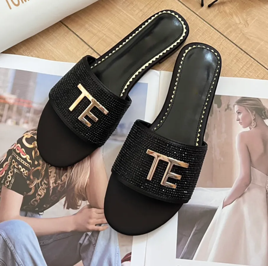 European and American foreign trade flat bottomed rhinestone sandals designer comfortable outdoor versatile open toe fashion half slippers with box