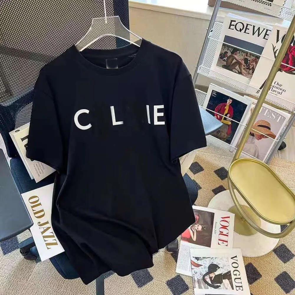 Designer de luxo Celins clássico rosa letras vermelhas marca de moda impressa manga curta camiseta feminina verão slim nova era corte top solto na edição coreana 2024