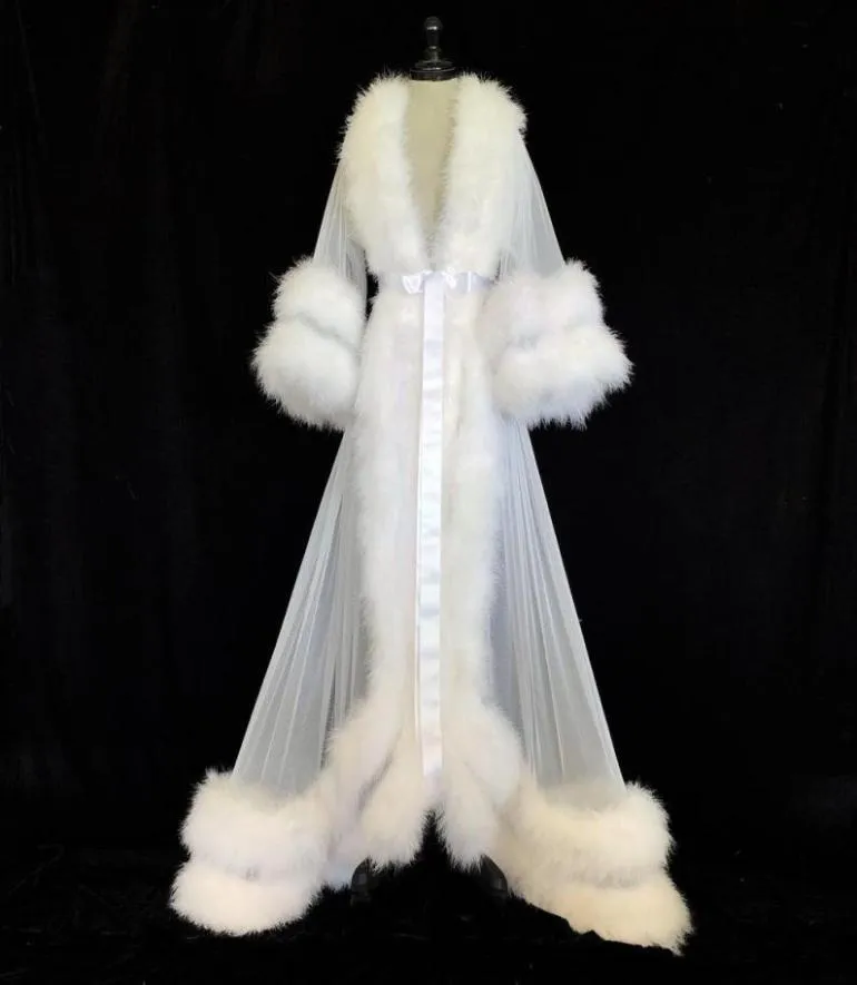 White Double Deluxe Women Robe Fur Wraps Bathrobe Sleepwear Bridal Robe Marabou Dressing Gown Party Gifts Bridesmaid Wraps6489216