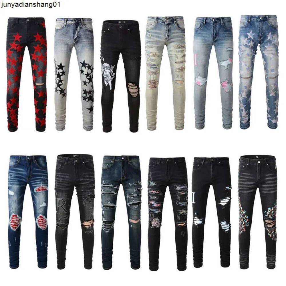 Mens Distress Ripped Skinny Jeans Slim Fit Denim Destroyed Denim Hip Hop Pants For Men Embroidery Patchwork Ripped Motorcycle Pant Mens Skinny