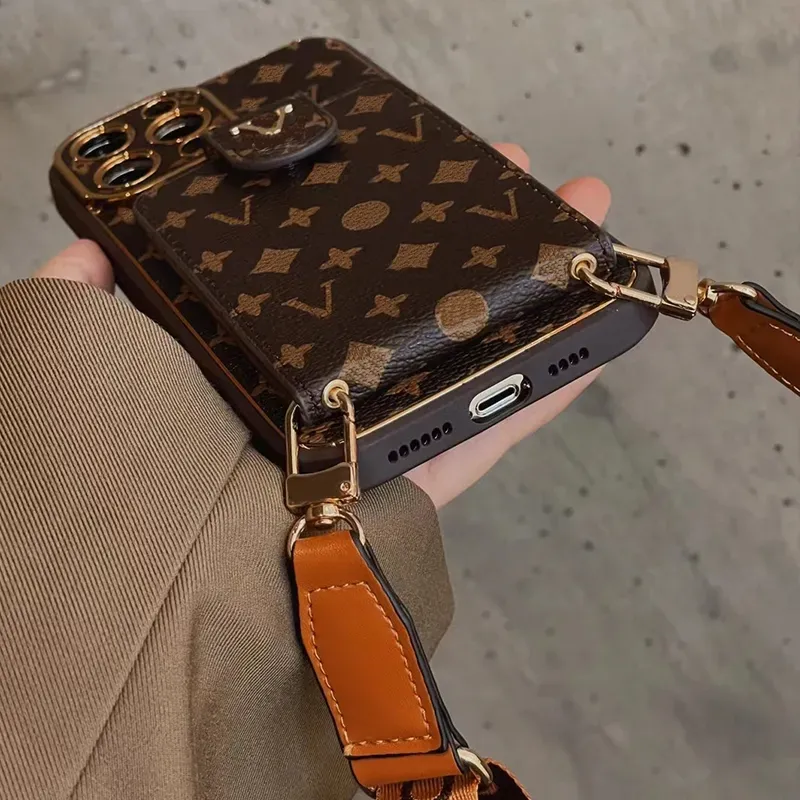 Luxury Leather Cross Body Brown Phone Case With Strap For