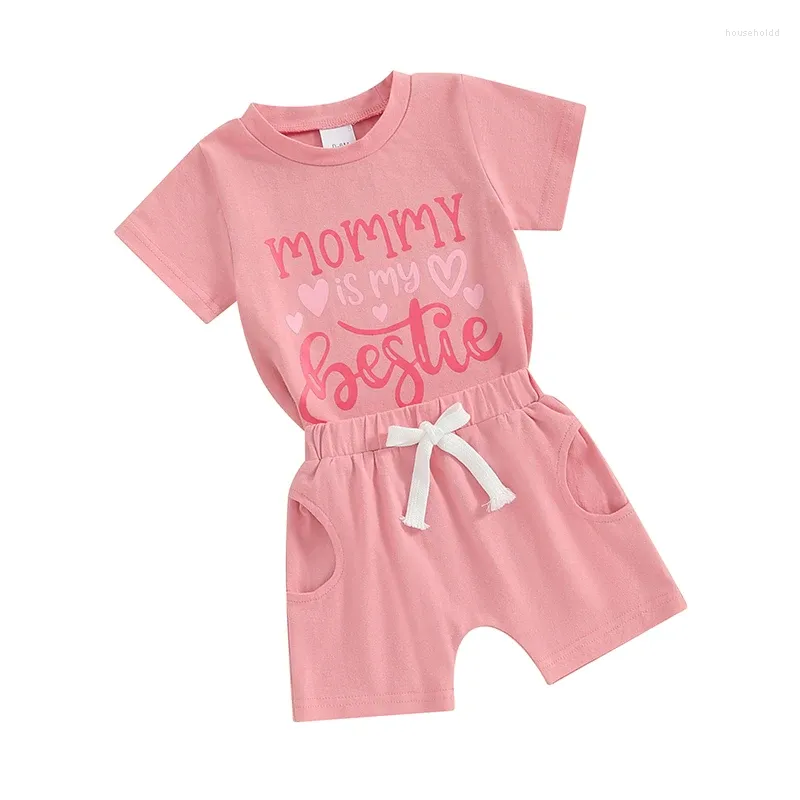 Kleidungssets Carolilly 2 Stück Baby Mädchen Sommer Outfits Brief Herz Druck KurzarmRundhals T-Shirt MaMa S Ie Elastisch