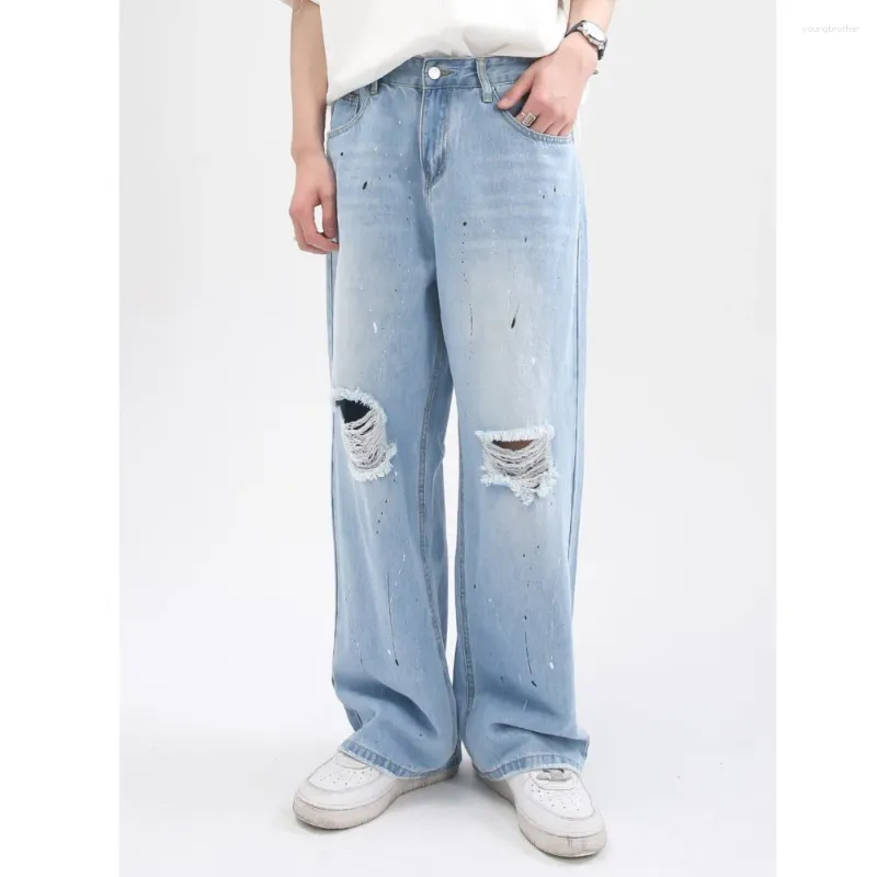 Мужские джинсы 2024, весенние корейские индивидуальные всплески чернил, прямые отверстия, повседневная стирка, молния, однотонный хлопок, High Street