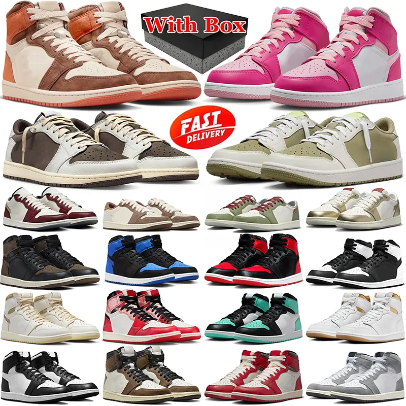 Med Box Jumpman 1s Designer basketskor Golfskor omvänd mocka Fierce Pink Chicago Royal Dusted Clay Satin Bred Olive Sneakers Women Mens Shoes Mens Trainers