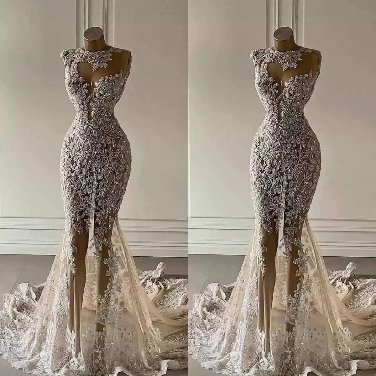 Crystal Mermaid Wedding Dresses See Through Lace Appliced ​​Bridal Clows Luxurious Sequined Dubai Wedding Dress Anpassa 0314