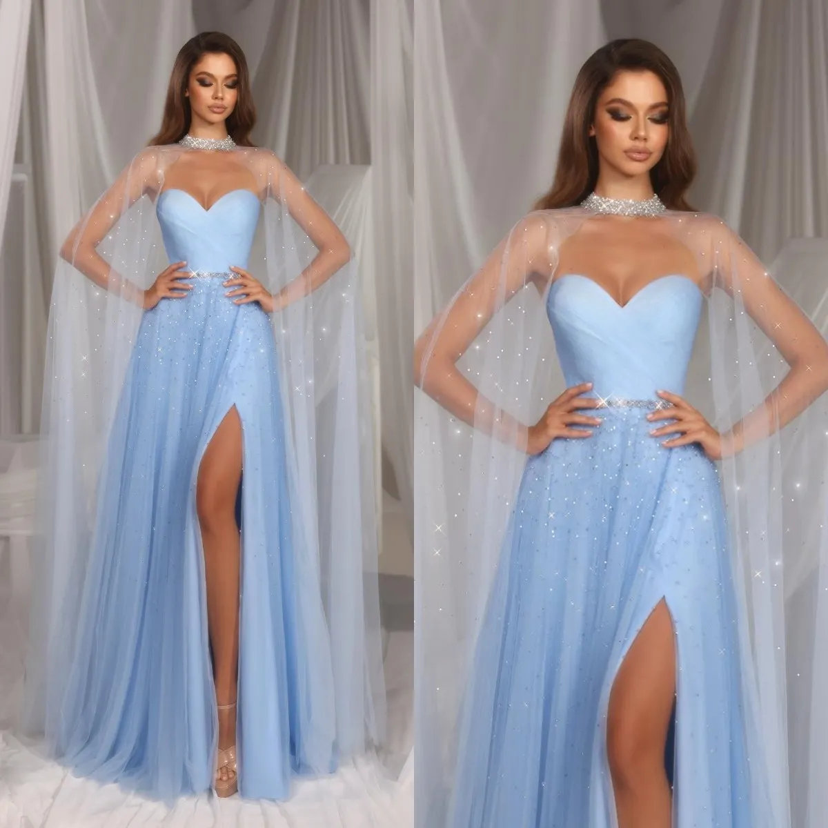 Abiti da sera a linea azzurro baby eleganti con mantella a cuore Abito da ballo con perline Abiti formali lunghi con spacco frontale in tulle ogstuff per occasioni speciali