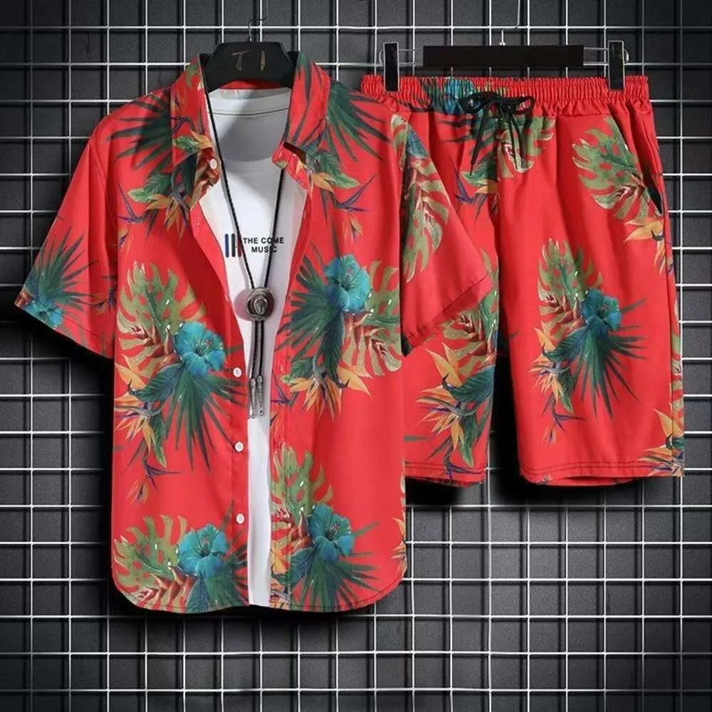 Дизайнерский костюм, повседневная гавайская рубашка и шорты, летняя тенденция, с коротким рукавом, жареная уличная пляжная пара, мужские 5tj6