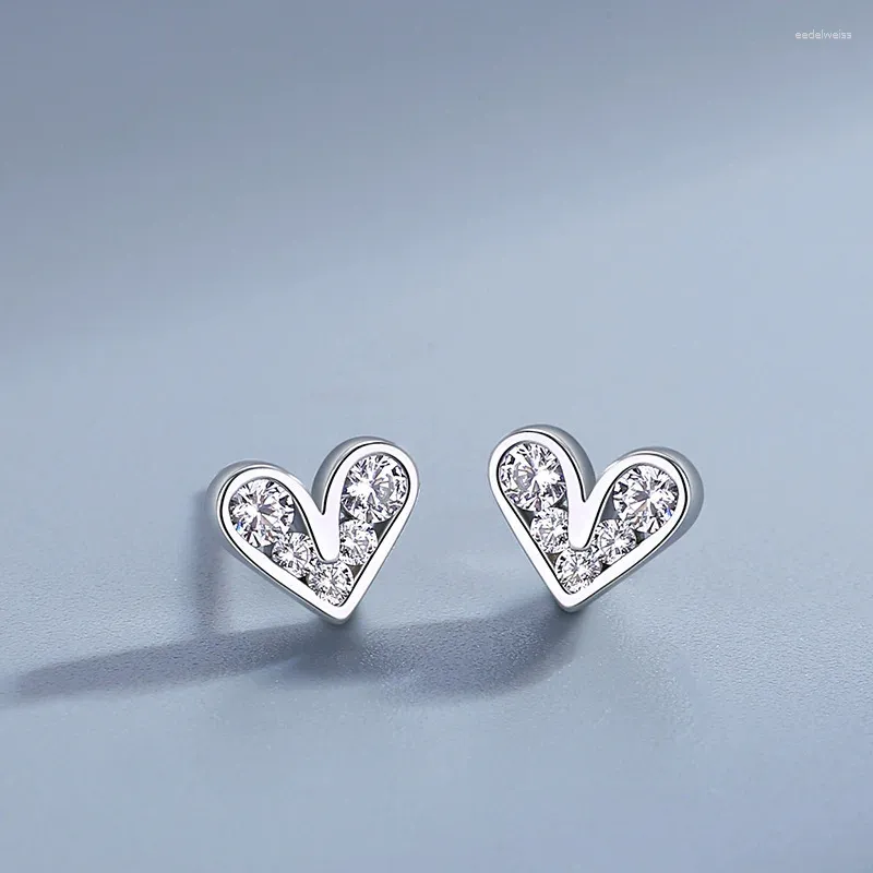 Brincos de pino S999 prata esterlina versão coreana simples em forma de coração incrustado com joias de zircônia presente de aniversário