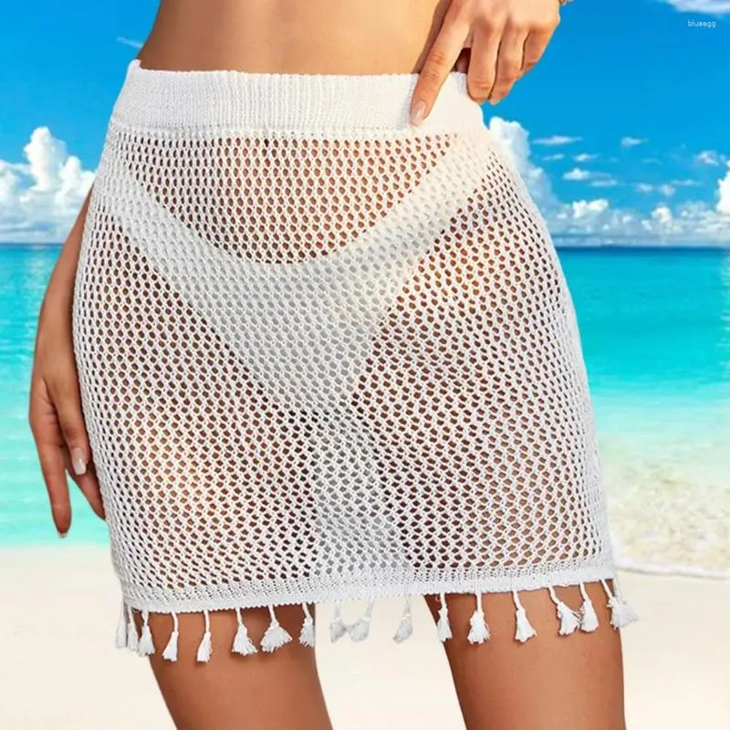 Bikini con gonna da spiaggia con frange e design elegante, copricostume da donna all'uncinetto per costumi da bagno estivi