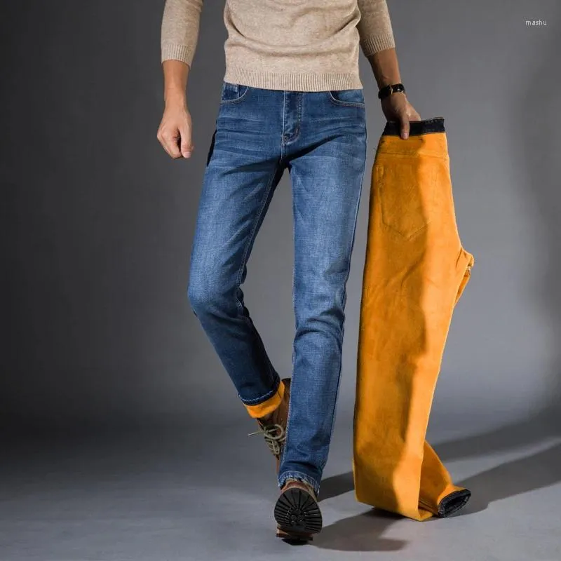 Mäns jeans 2024 Four Seasons Plus Fleece Stretch For Men Baggy Straight Leg Pants Casual Light Business