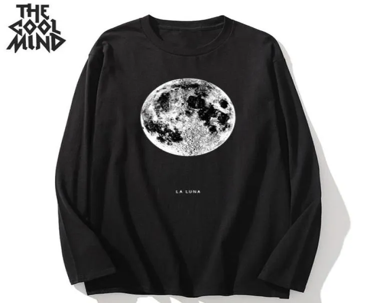 COOLMIND 100 cotone manica lunga cool moon stampa maglietta da uomo casual laluna maglietta da uomo oneck maglietta allentata mens tee shirts X12276166222