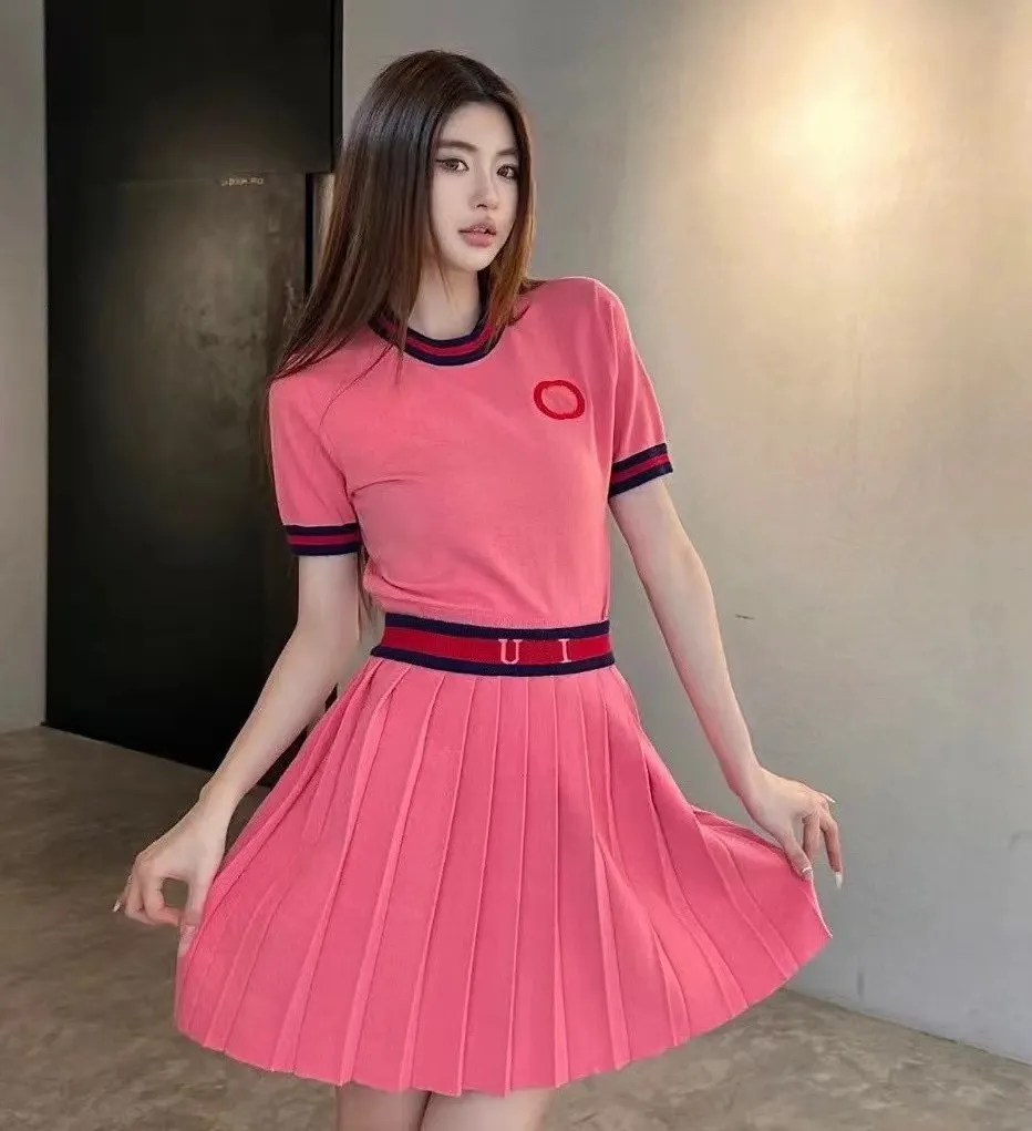 2024 Summer Knitted Women Letter embroidered round neck knitted short-sleeved women's top pleated skirt two-piece set Elegant Casual Daily