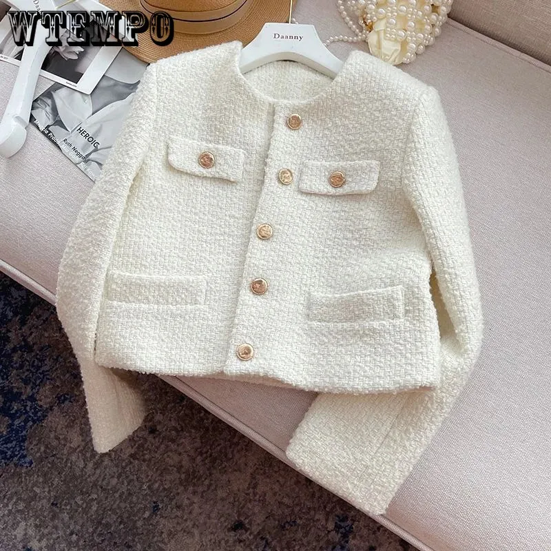 WTEMPO Koreanische Chic Weibliche Tweed Grundlegende Button Up Jacke Mantel Frauen Herbst Winter Kleidung Runway Stil Woolen Oberbekleidung 240229