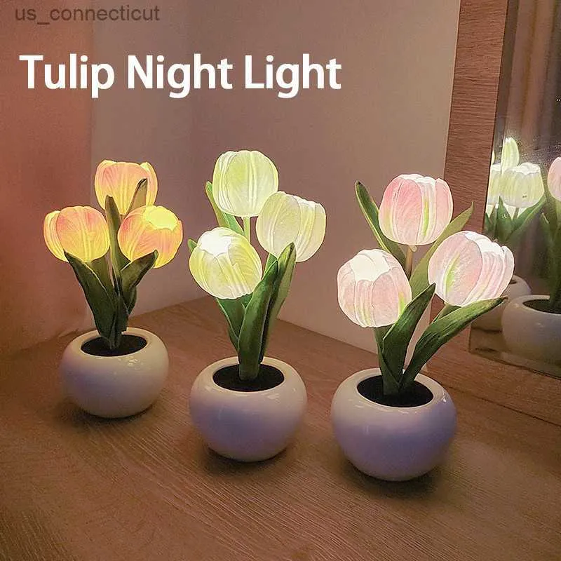 Table Lamps 1pc LED Tulip Night Light Simulation Flower Table Lamp With Vase Romantic Atmosphere Lamp For Office Bar Cafe Room Decor Home Decoration Best Mother