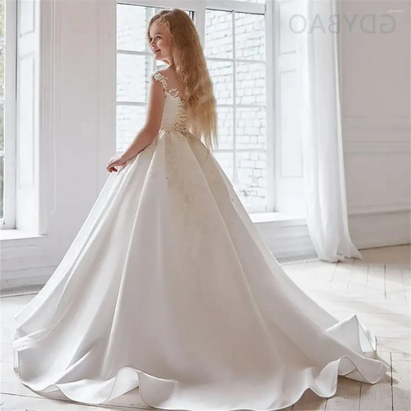 Girl Dresses White Ivory Satin Flower For Weddings Beads Toddler Birthday Princess Kids Evening Party First Communion Ball Gown