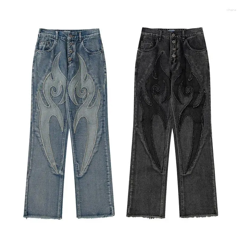 Jeans pour hommes American High Street Hommes brodés lavés rétro tendance marque patchwork et femmes pantalons droits lâches