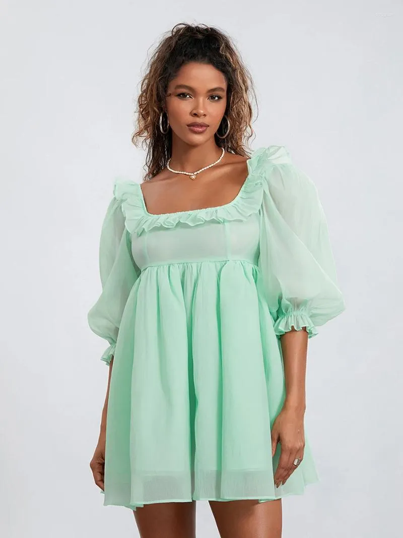 Casual Dresses Women S Fairy Mesh Tulle Mini Dress Short Puff Sleeve Squareneck Tie Dye Ruffle Flowy Princess Prom Evening