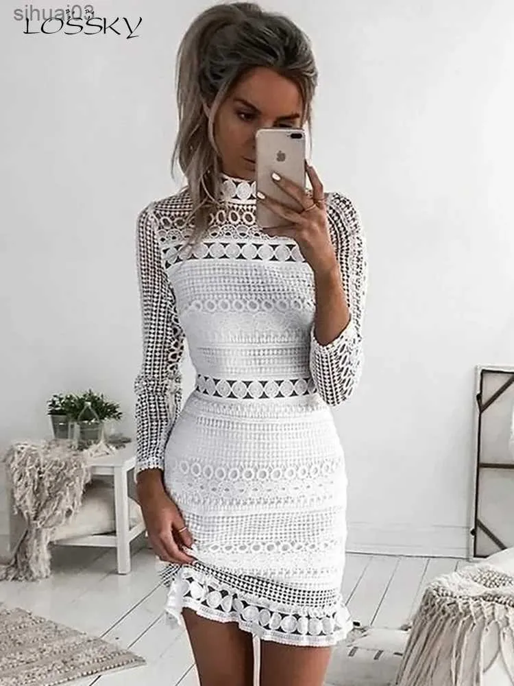 Basic Casual Dresses Lossky Sexy White Lace Stitching Hollow Out Party Dresses Elegant Women Short Mini Summer Casual Dresses Clothes For Women 2024L2403