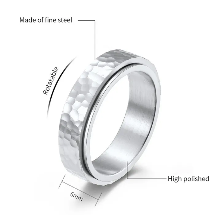 Anneau rotatif en acier inoxydable de 6mm, marteau à main, motif irrégulier, anneau rotatif pour femmes et hommes, bijoux