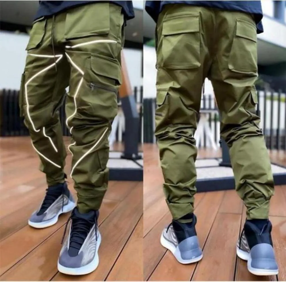 Luksusowe refleksyjne paski Men039s Spodnie moda wielopokomota Harem Hip Hop Pants Streetwear Grey Army Green Sweatspanci Hombre Cas8591604