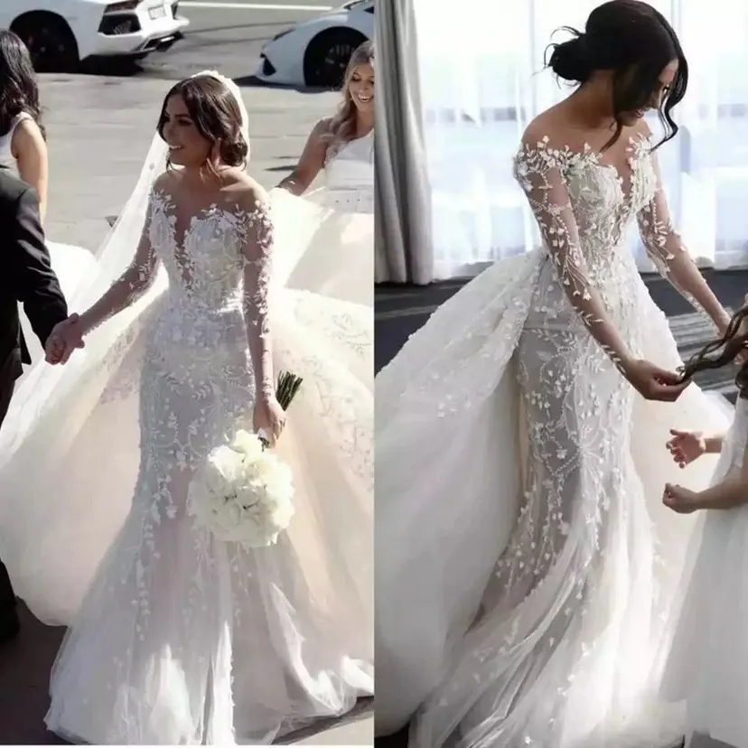 Luxuriöses Hochzeitskleid mit Kristallperlen, Spitze, Meerjungfrau, Brautkleider mit abnehmbarer Schleppe und langen Ärmeln, elegante Brautmode 2024